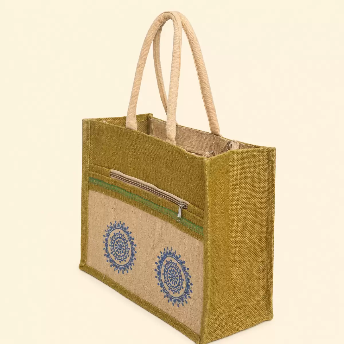 Yellow Brown Jute Shopping Bag