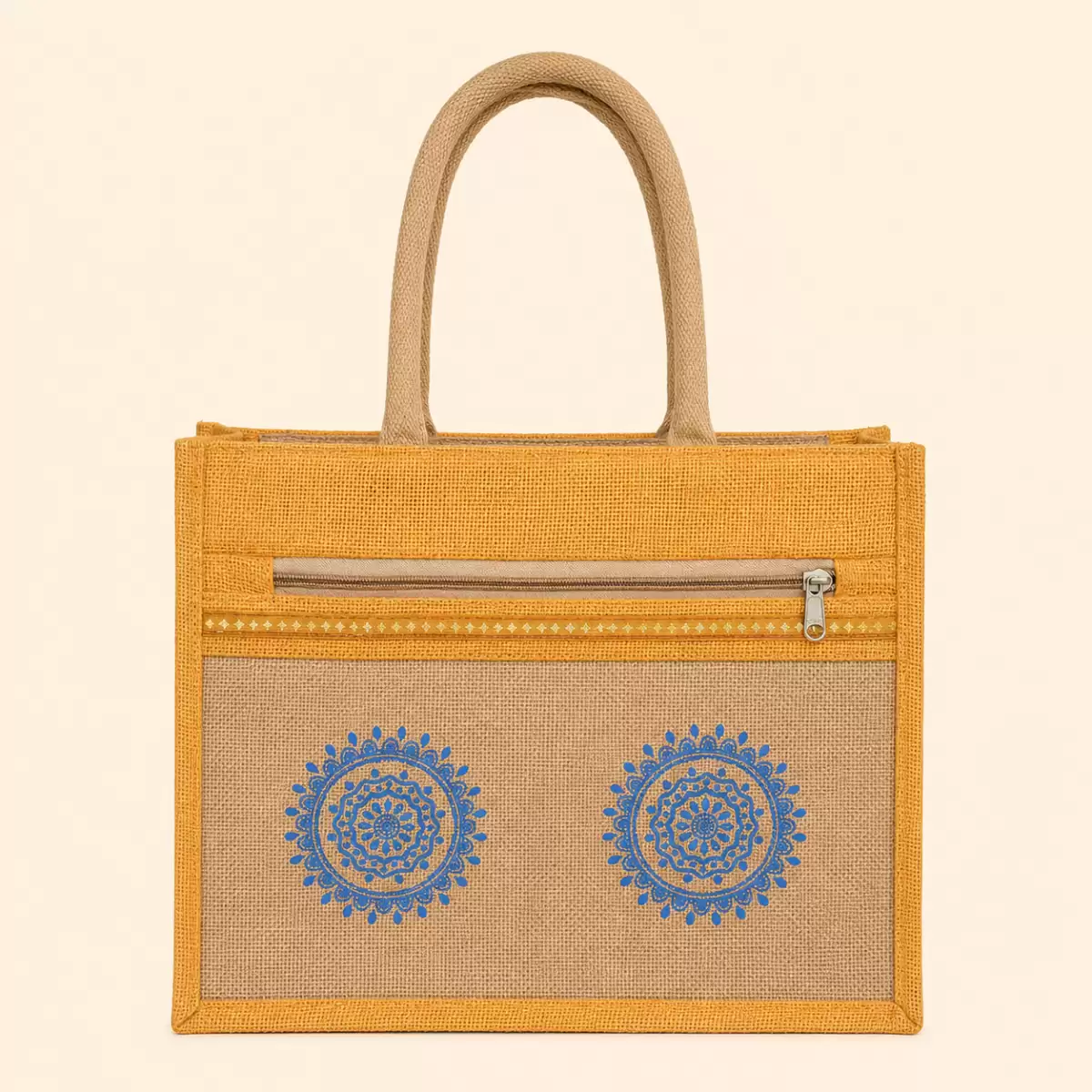 Yellow Brown Jute Shopping Bag