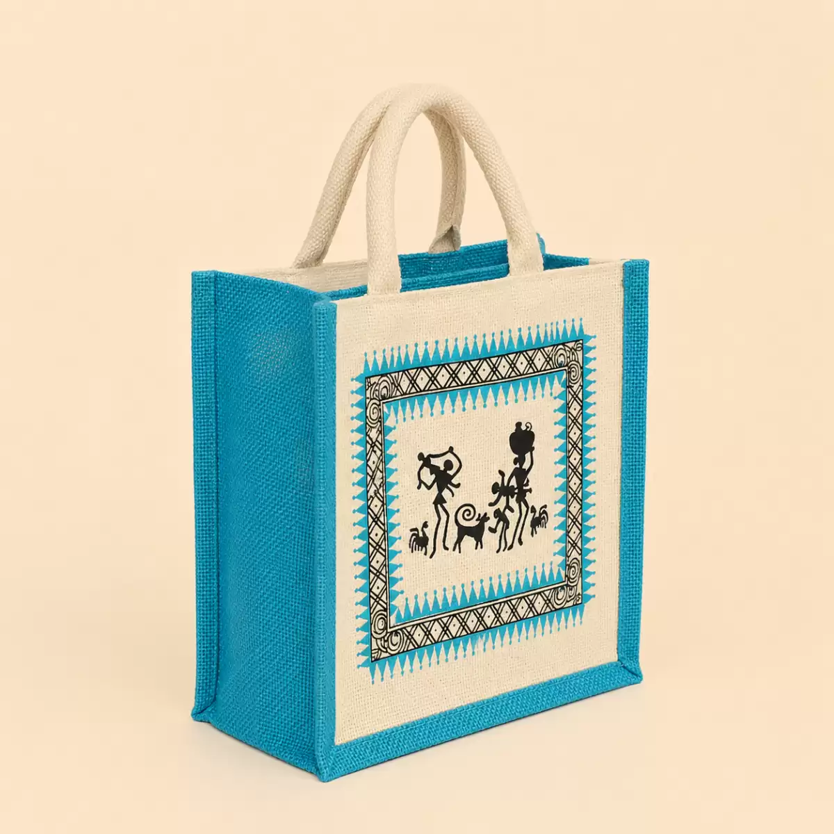 White Blue Printed Jute Bag
