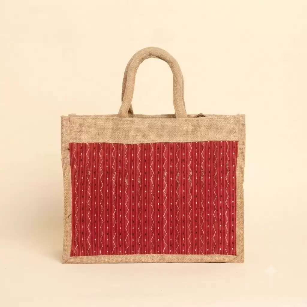 Brown Maroon Jute Shopping Bag
