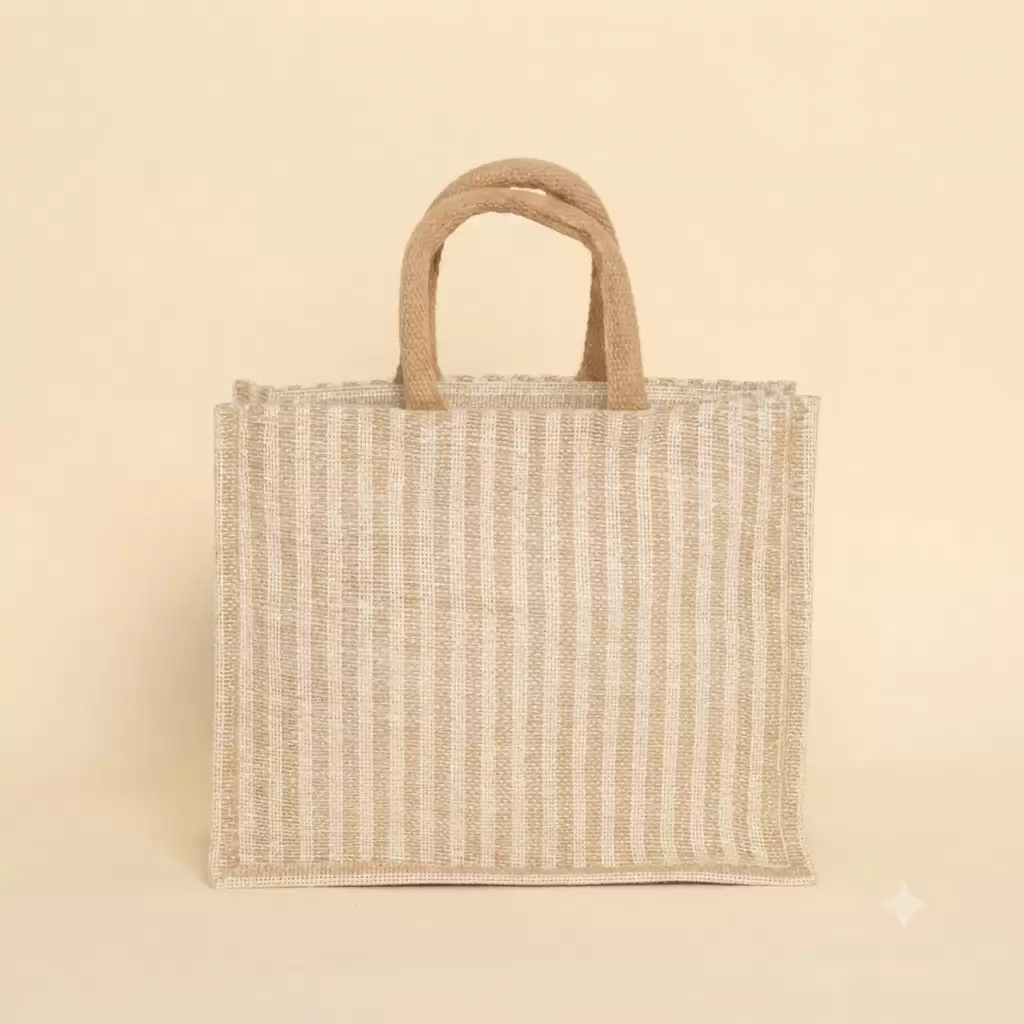 White Beige Jute Shopping Bag
