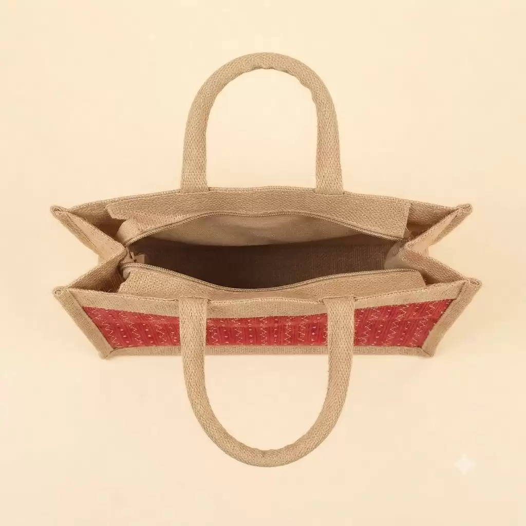 Brown Maroon Jute Shopping Bag