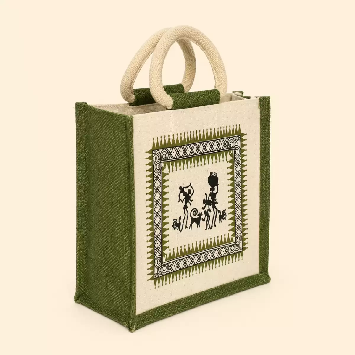 White Green Printed Jute Bag