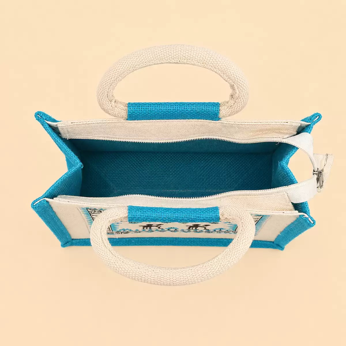 White Blue Printed Jute Bag