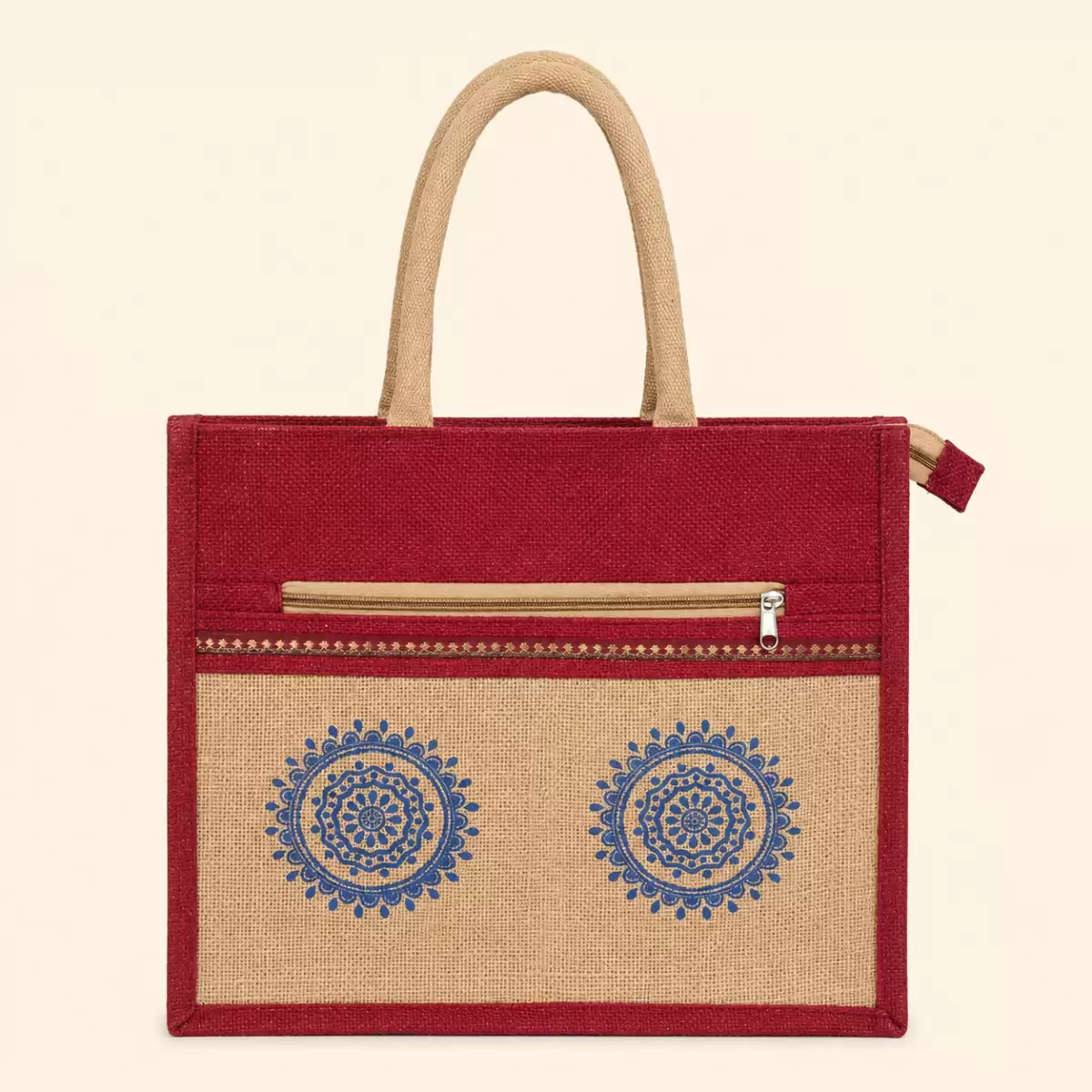 Red Brown Jute Shopping Bag